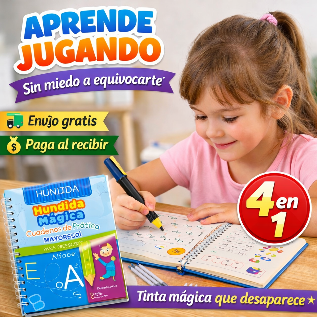 📚📒🖍️PACK 4 EN 1 CUADERNOS REUTILIZABLES + LÁPICES MÁGICOS + SUJETA LÁPIZ: SET DE LIBROS MONTESORI CALIGRAFÍA GUIADA EN RELIEVE