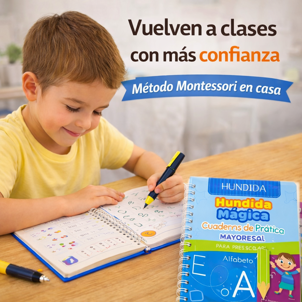 📚📒🖍️PACK 4 EN 1 CUADERNOS REUTILIZABLES + LÁPICES MÁGICOS + SUJETA LÁPIZ: SET DE LIBROS MONTESORI CALIGRAFÍA GUIADA EN RELIEVE