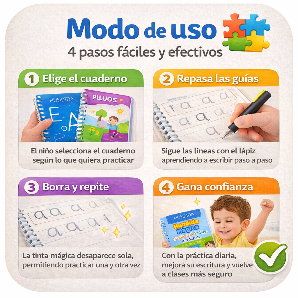 📚📒🖍️PACK 4 EN 1 CUADERNOS REUTILIZABLES + LÁPICES MÁGICOS + SUJETA LÁPIZ: SET DE LIBROS MONTESORI CALIGRAFÍA GUIADA EN RELIEVE
